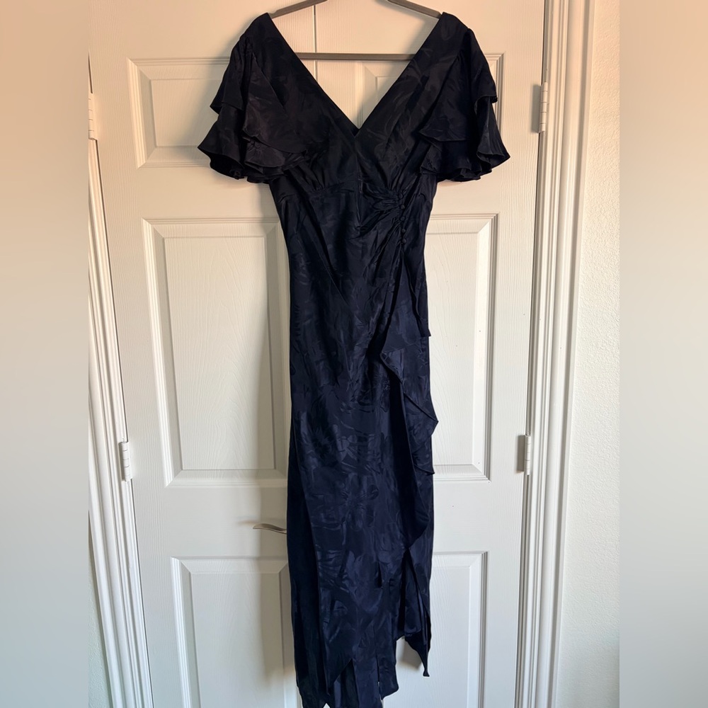 Tanya Taylor Navy Ruffle Sleeve Maxi Dress